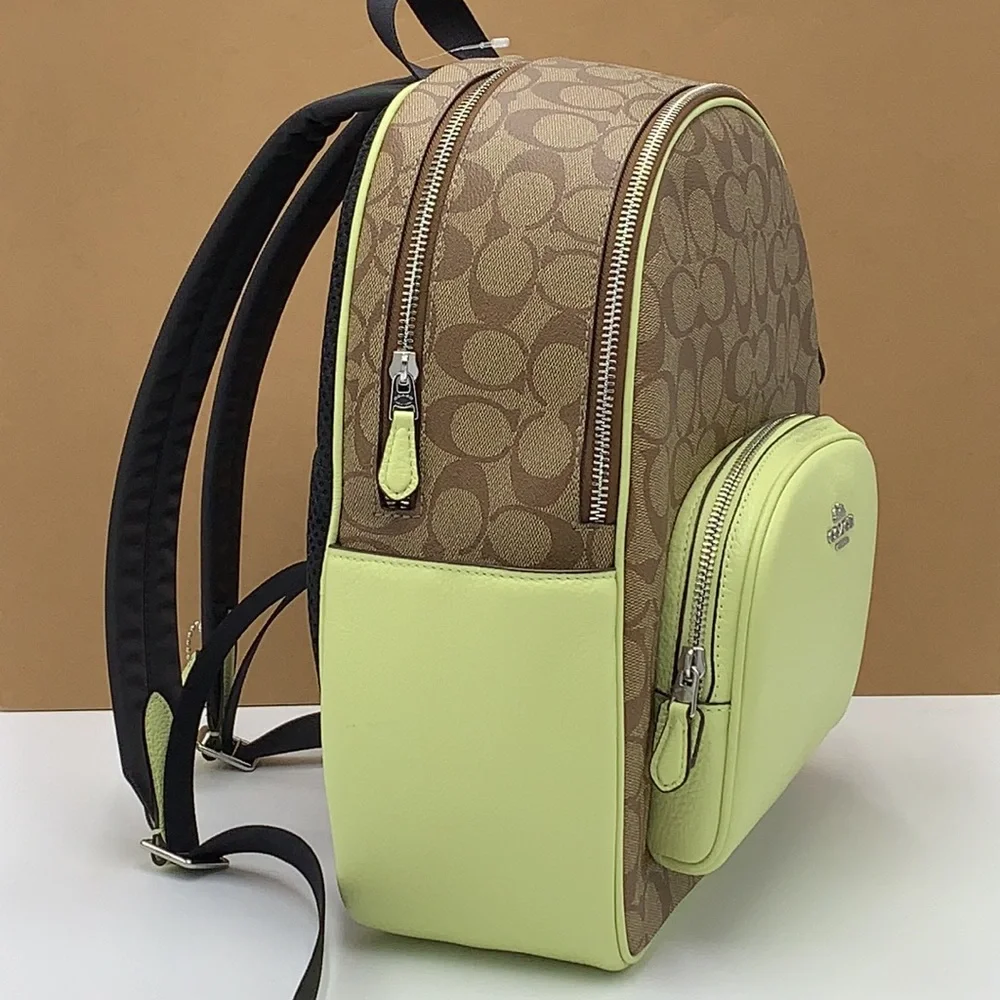 COACH NWT COURT BACKPACK IN SIGNATURE CANVAS KHAKI PALE LIME COLOR - Picture 5 of 16